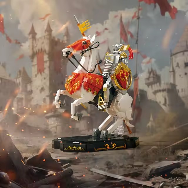Medieval Knight Building Block Set with Armored Warhorse, Poseable, 12.2 Inches