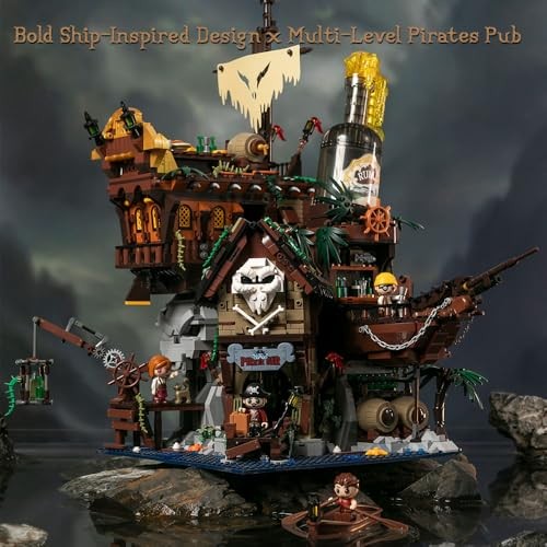 PANTASY Pirate Pub Building Kit – Modular Shipwreck Tavern Architecture Deck with Terrace Bar, Rum Bottle & Pirate Figures – Creative Nautical Dis