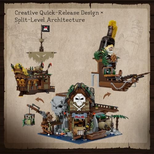 PANTASY Pirate Pub Building Kit – Modular Shipwreck Tavern Architecture Deck with Terrace Bar, Rum Bottle & Pirate Figures – Creative Nautical Dis