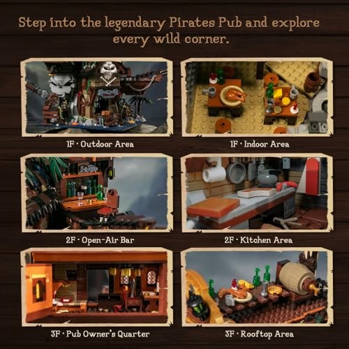 PANTASY Pirate Pub Building Kit – Modular Shipwreck Tavern Architecture Deck with Terrace Bar, Rum Bottle & Pirate Figures – Creative Nautical Dis