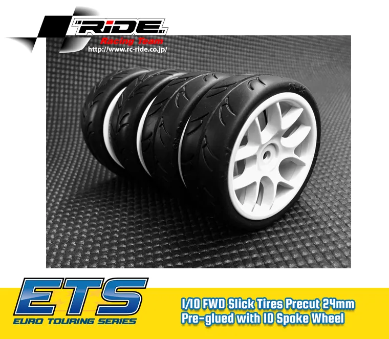 [26072] Ride pneus slicks touring 1/10 24 mm pré-collés jantes 10 branches blanches (x4) 26072