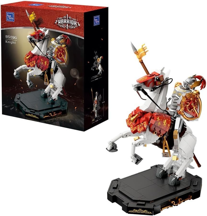 Medieval Knight Building Block Set with Armored Warhorse, Poseable, 12.2 Inches